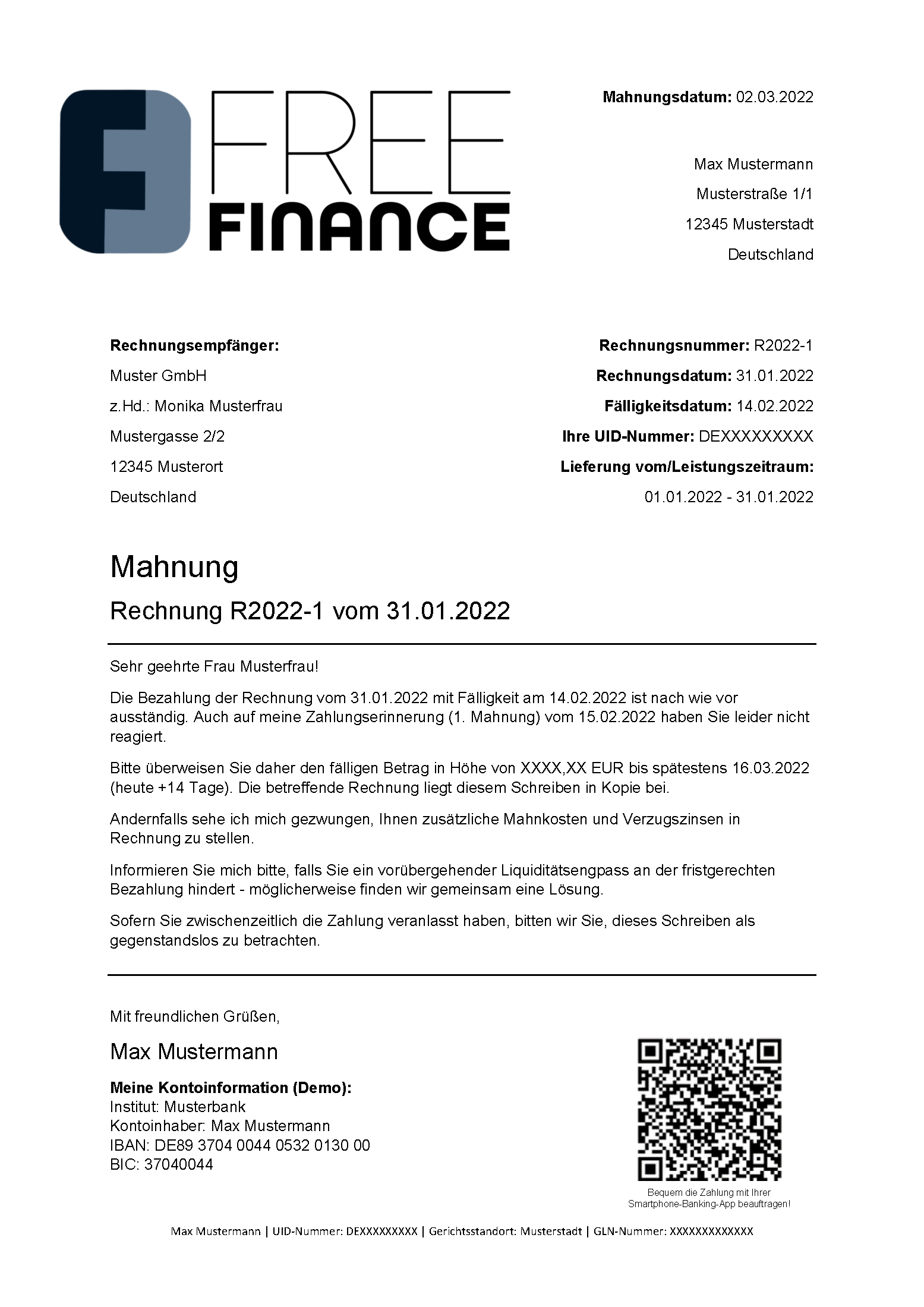 Mahnung schreiben ⇒ mit Vorlage FreeFinance